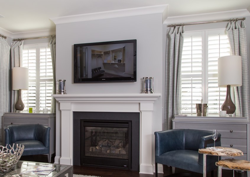 family room Charlotte faux wood shutters
